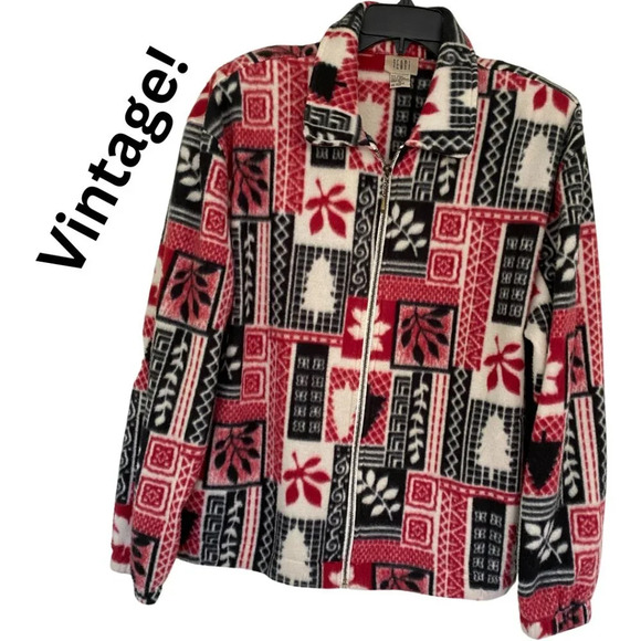 Teddi, Vintage Fleece Fall Leaf Tree Zipper Sweater Jacket, Red, Black, White - Picture 1 of 10